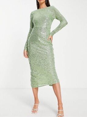 ASOS Design Sage Green Sequin Long Sleeve Midi Dress Tall US 12 EU 44